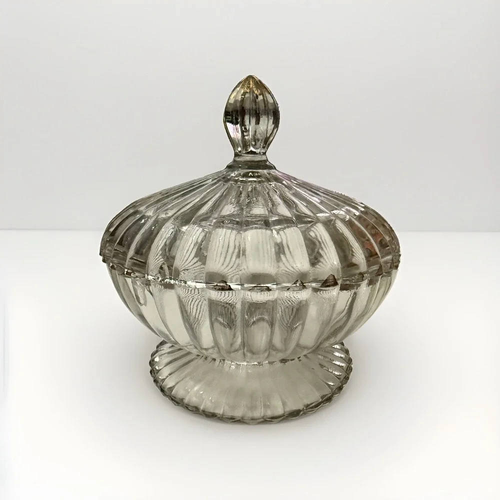 Vintage Jeannette National Clear Pressed Glass Candy Dish With Lid 1970s 6.5